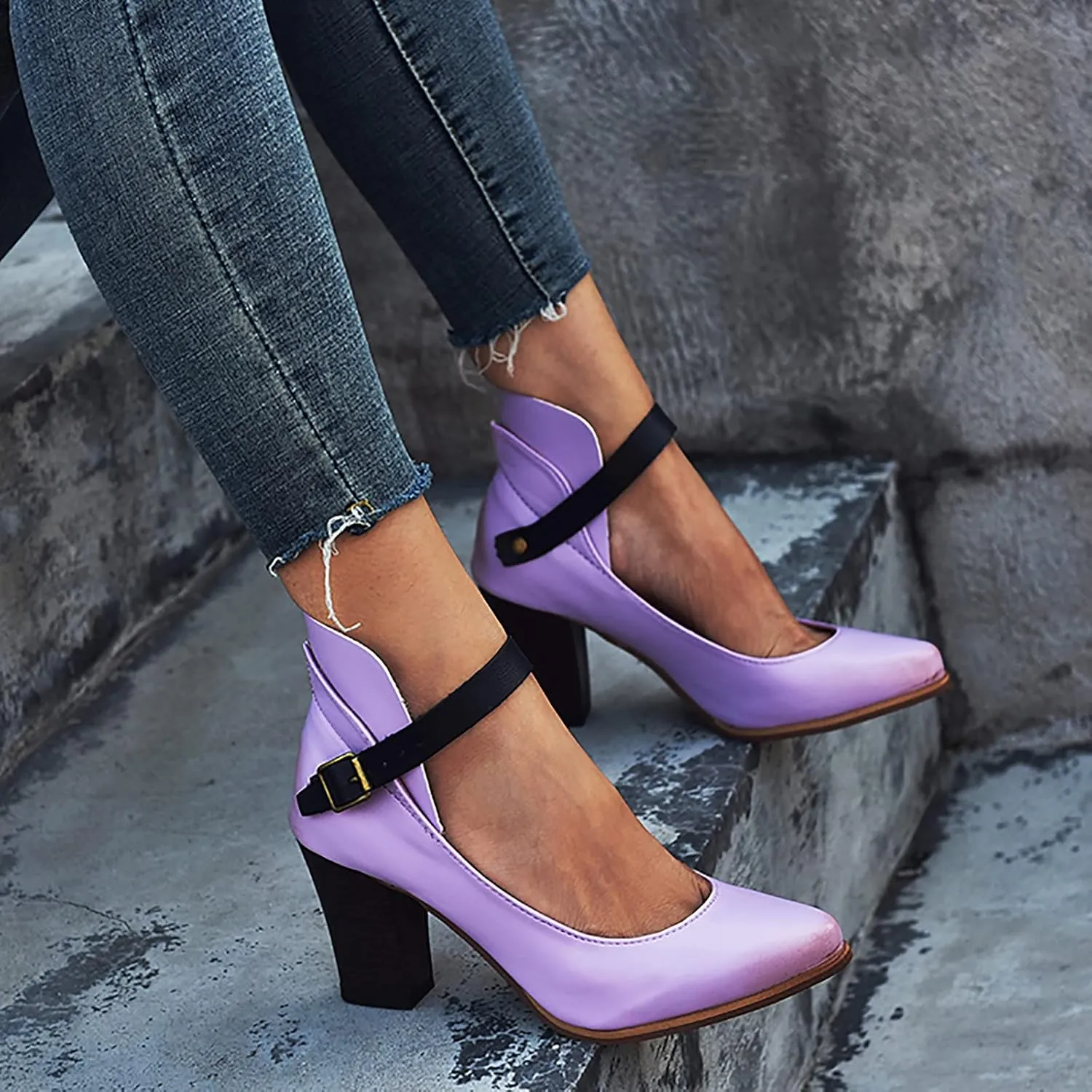 Block Heels Sandals for Women Fashion Pointed Toe Metal Buckle Strap Backless Square Heel Shoes Summer Solid Color Casual Office High Heels