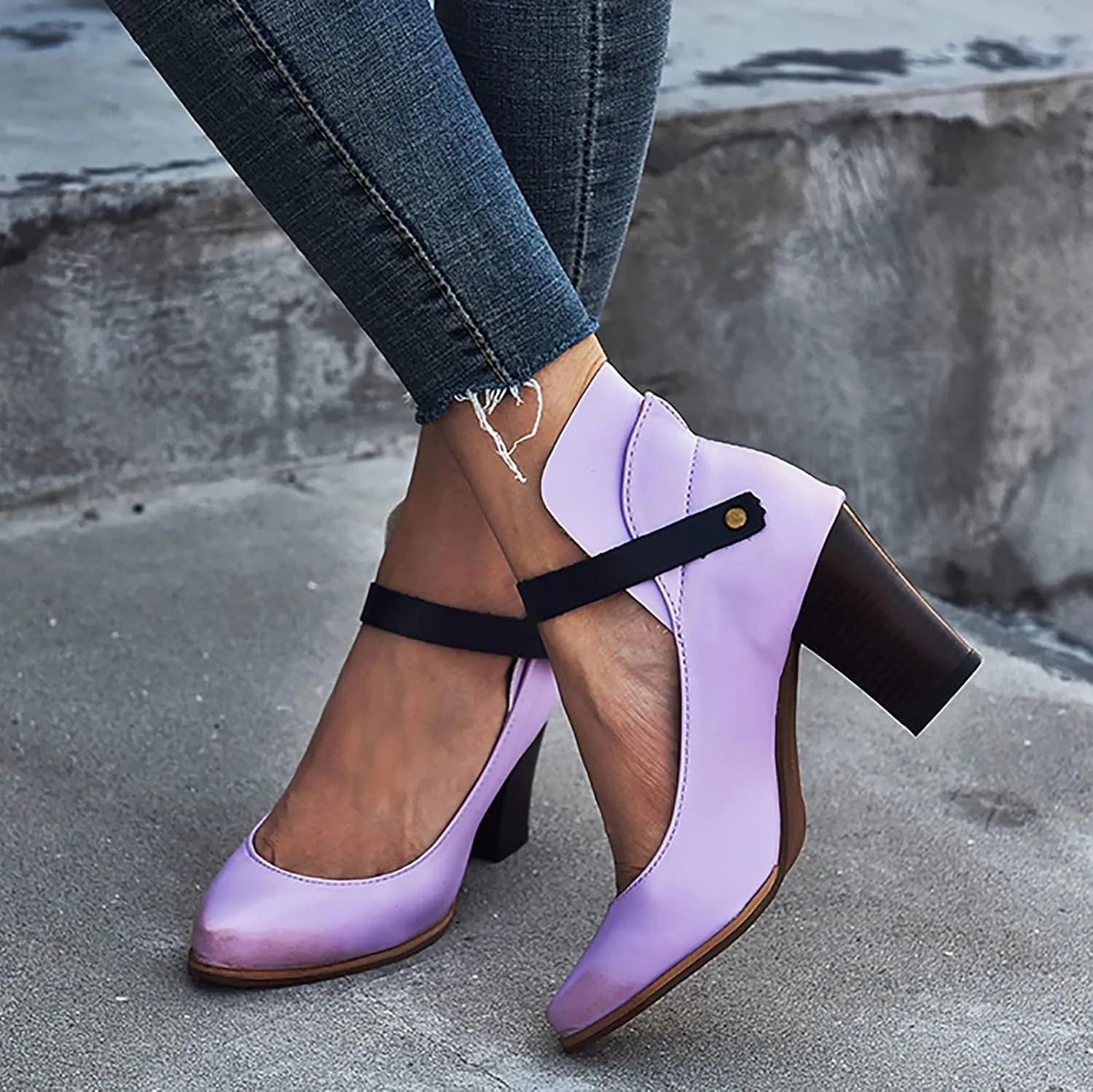 Block Heels Sandals for Women Fashion Pointed Toe Metal Buckle Strap Backless Square Heel Shoes Summer Solid Color Casual Office High Heels