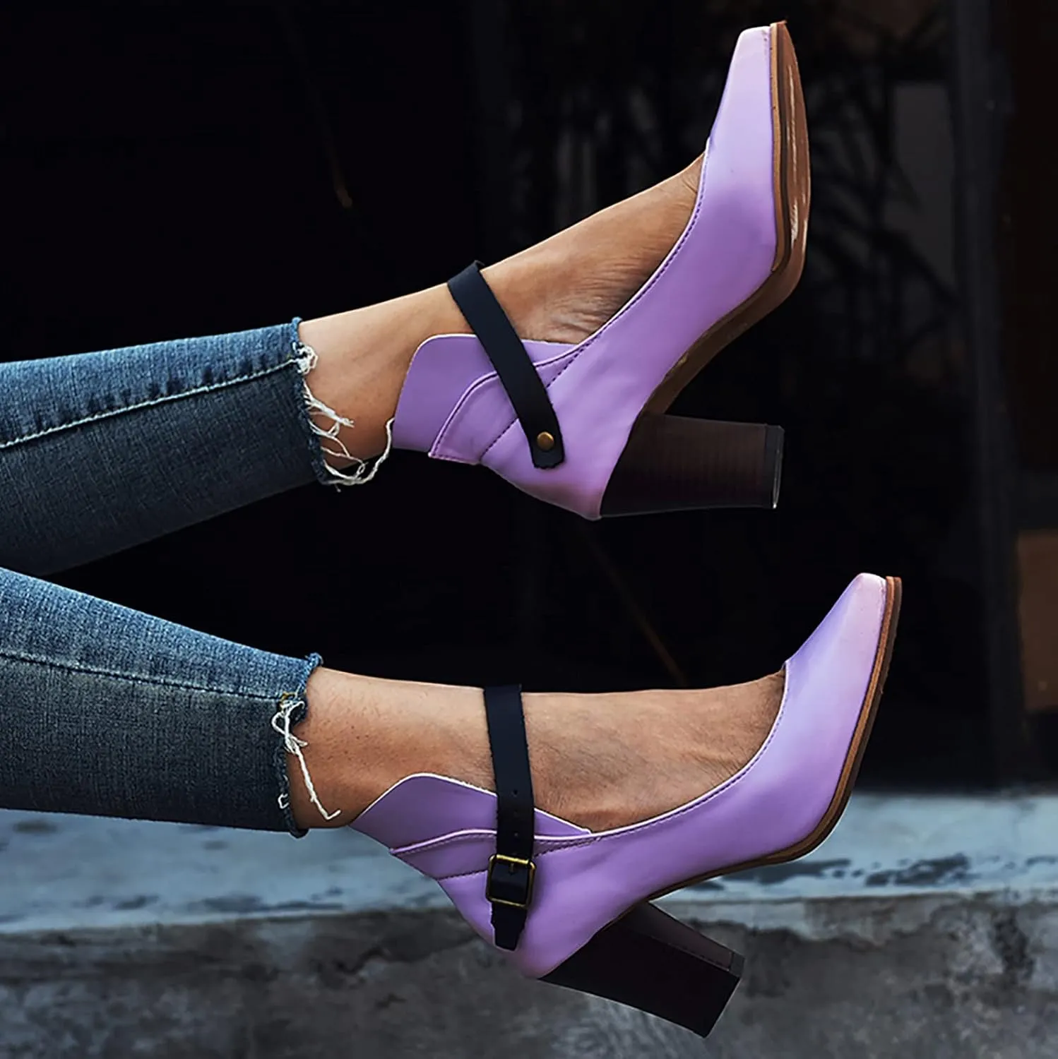 Block Heels Sandals for Women Fashion Pointed Toe Metal Buckle Strap Backless Square Heel Shoes Summer Solid Color Casual Office High Heels