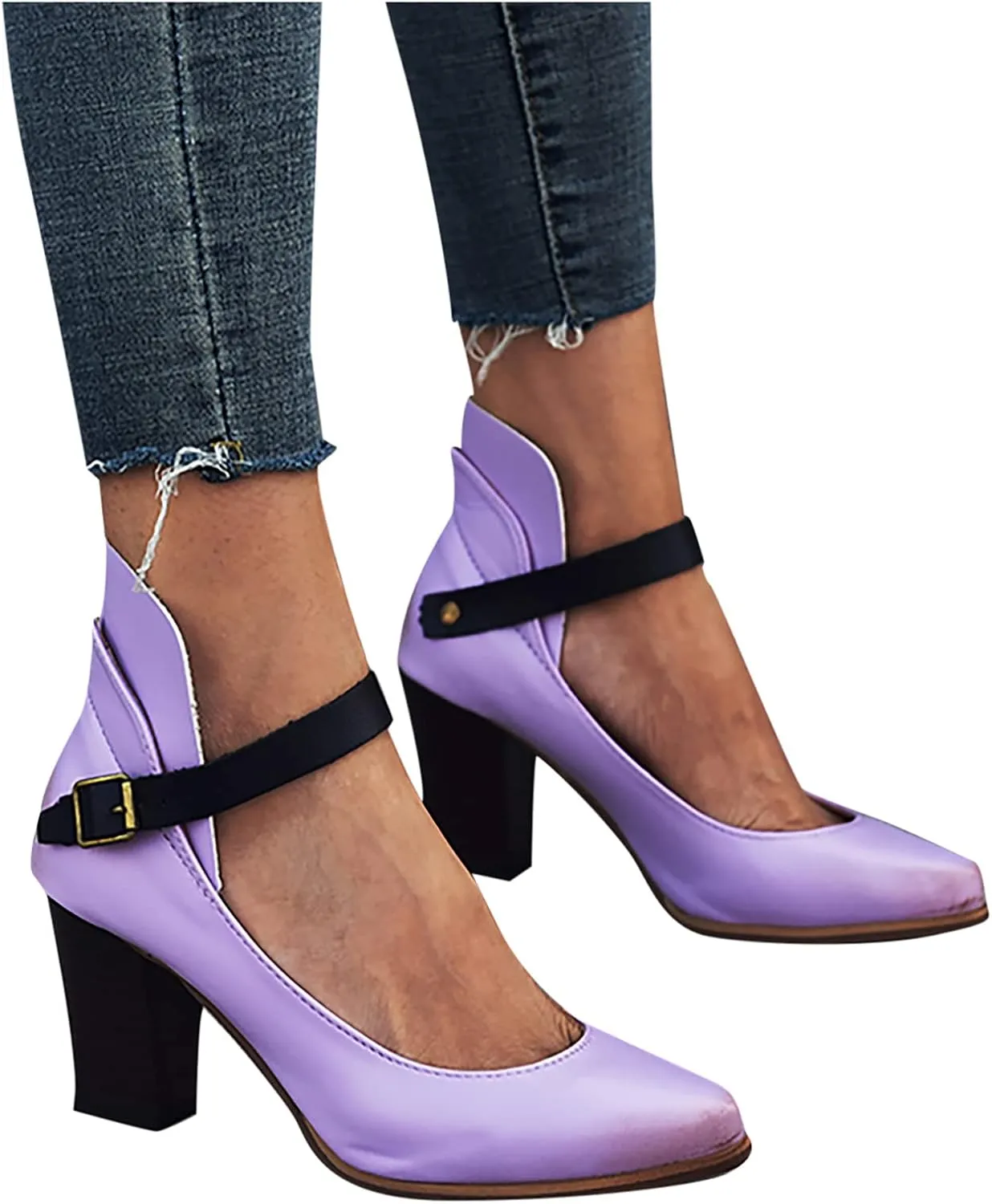 Block Heels Sandals for Women Fashion Pointed Toe Metal Buckle Strap Backless Square Heel Shoes Summer Solid Color Casual Office High Heels