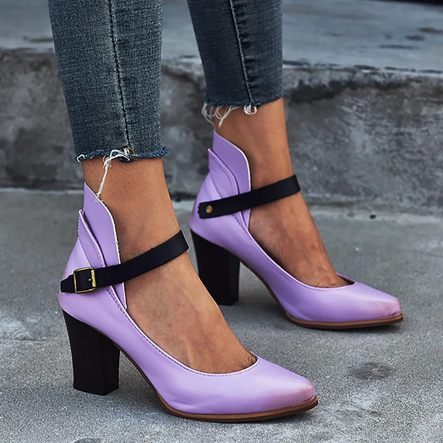 Block Heels Sandals for Women Fashion Pointed Toe Metal Buckle Strap Backless Square Heel Shoes Summer Solid Color Casual Office High Heels
