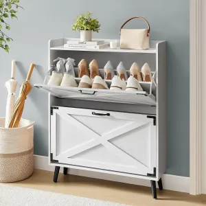 classic Farmhouse Shoe Cabinet with Barn Doors & 2 Flip Drawers, Wood Shoe Storage Rack Organizer Holds 16 Pairs Shoes for Entryway/Hallway/Closet, Brown