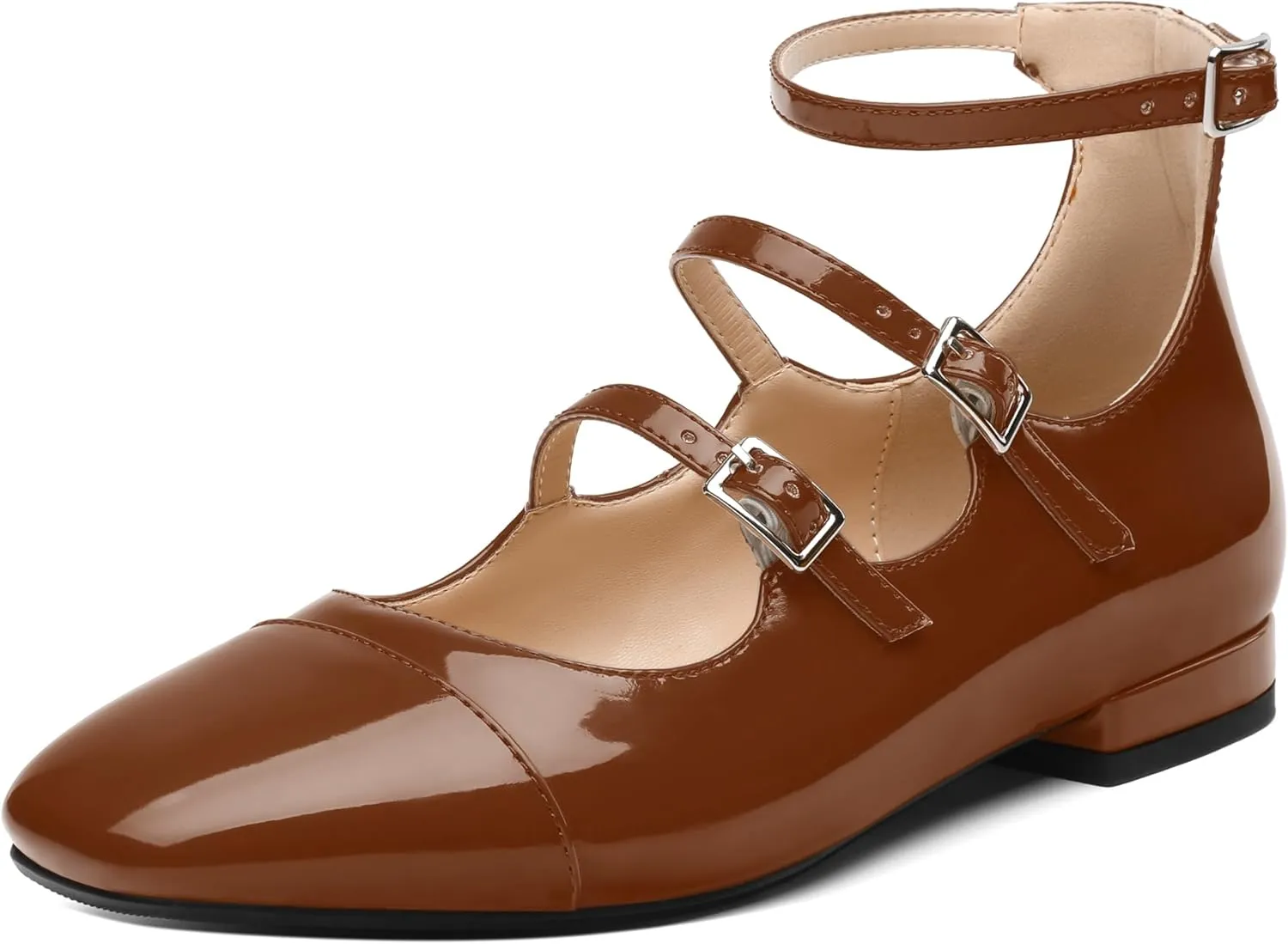 JUSTDANNI Flats for Women Mary Jane Shoes with Round Toe Low Chunky Block Heels Fashion Patent Ankle Strap Pumps for Wedding Party Dating Work