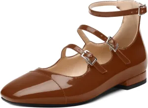 JUSTDANNI Flats for Women Mary Jane Shoes with Round Toe Low Chunky Block Heels Fashion Patent Ankle Strap Pumps for Wedding Party Dating Work