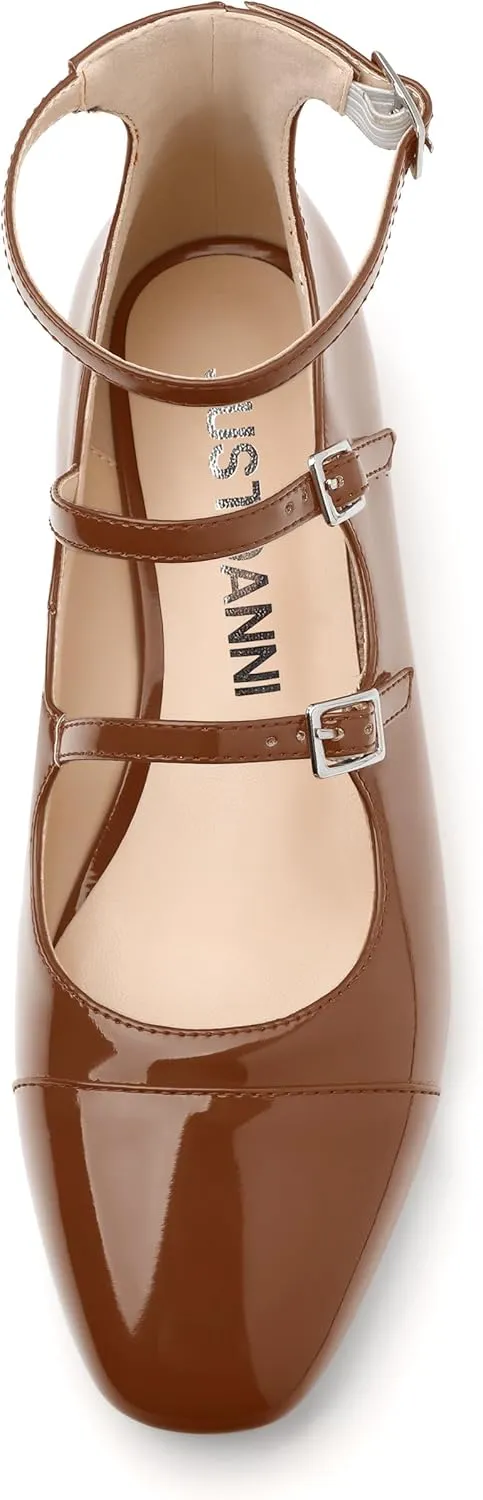 JUSTDANNI Flats for Women Mary Jane Shoes with Round Toe Low Chunky Block Heels Fashion Patent Ankle Strap Pumps for Wedding Party Dating Work