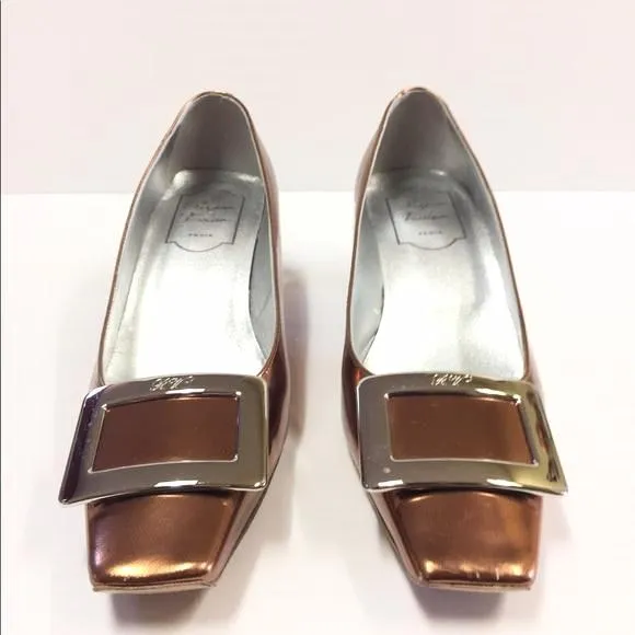 ROGER VIVIER 45mm DECOLLET BELLE  METALLIC PUMPS SIZE 37.5