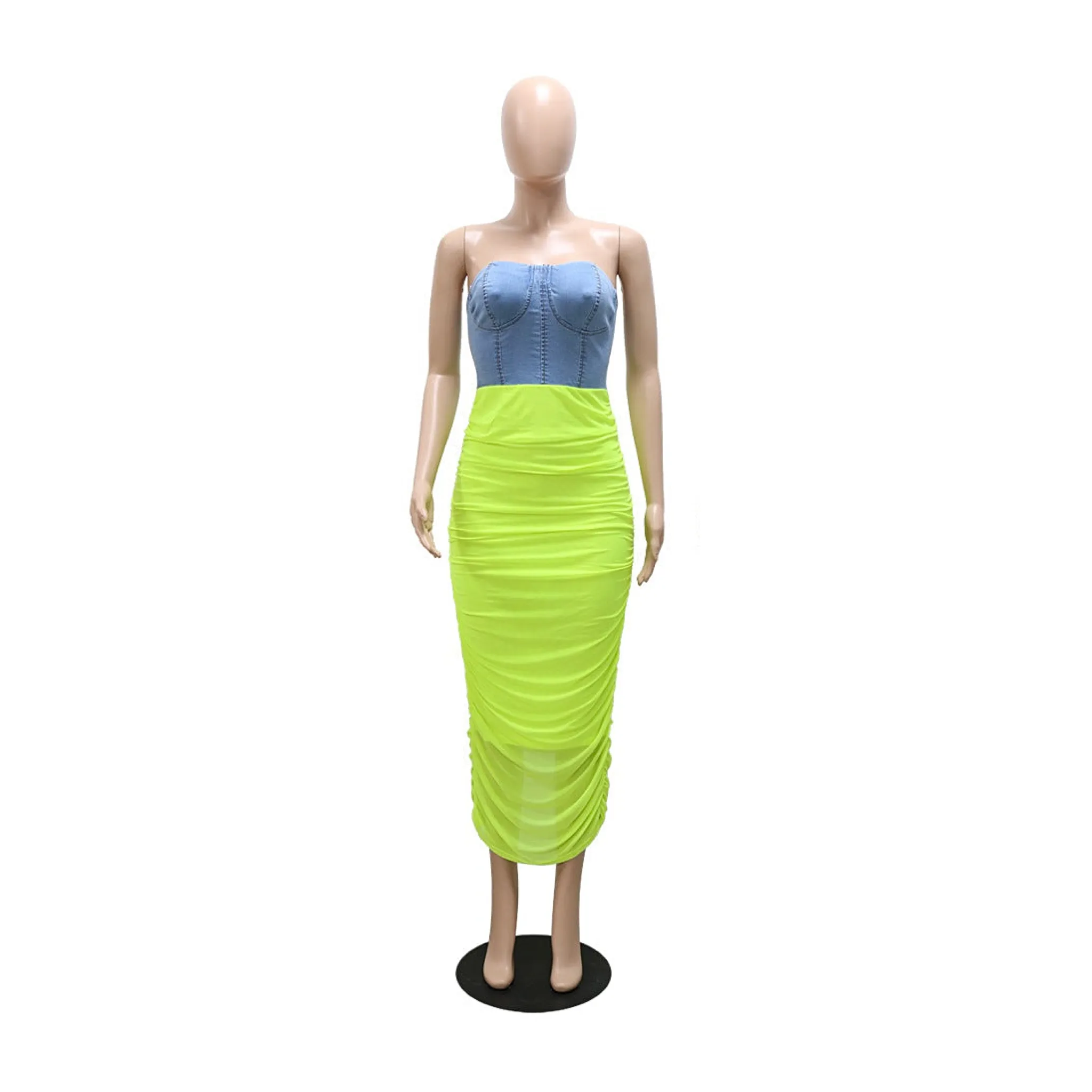 Ruched Mesh Jean Maxi Dress