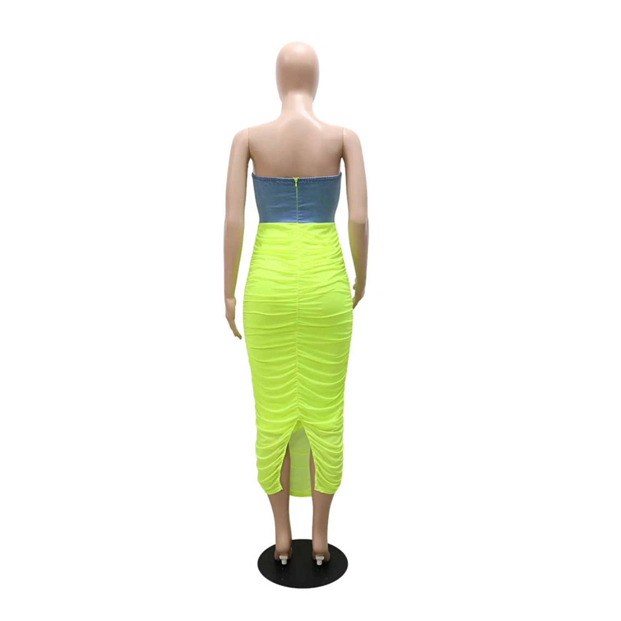 Ruched Mesh Jean Maxi Dress