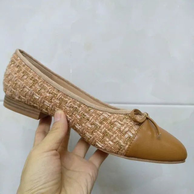 Shoes Woman Basic Pumps 2021 Two Color Splicing Classic Bow Ballet Work Shoe Large Size Tweed Low Heels Fashion Women Shoes Pump