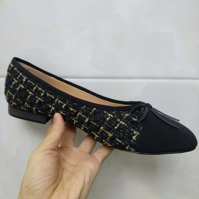 Shoes Woman Basic Pumps 2021 Two Color Splicing Classic Bow Ballet Work Shoe Large Size Tweed Low Heels Fashion Women Shoes Pump