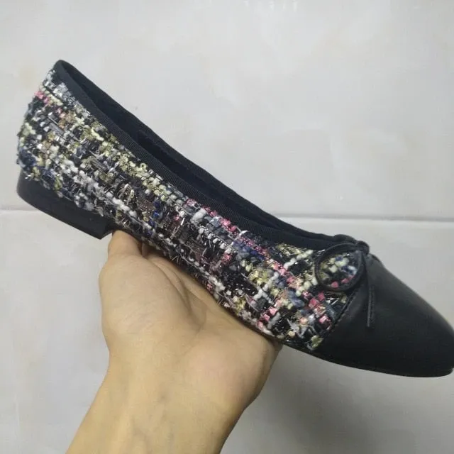 Shoes Woman Basic Pumps 2021 Two Color Splicing Classic Bow Ballet Work Shoe Large Size Tweed Low Heels Fashion Women Shoes Pump