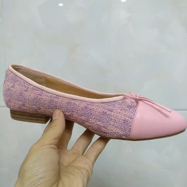 Shoes Woman Basic Pumps 2021 Two Color Splicing Classic Bow Ballet Work Shoe Large Size Tweed Low Heels Fashion Women Shoes Pump