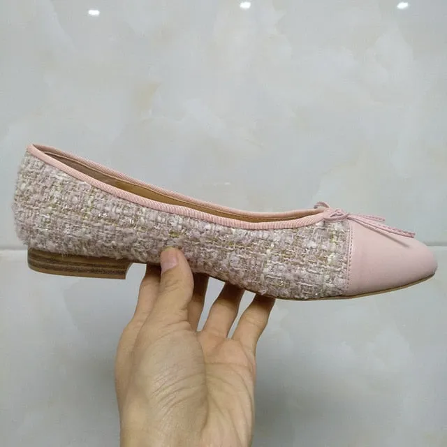 Shoes Woman Basic Pumps 2021 Two Color Splicing Classic Bow Ballet Work Shoe Large Size Tweed Low Heels Fashion Women Shoes Pump