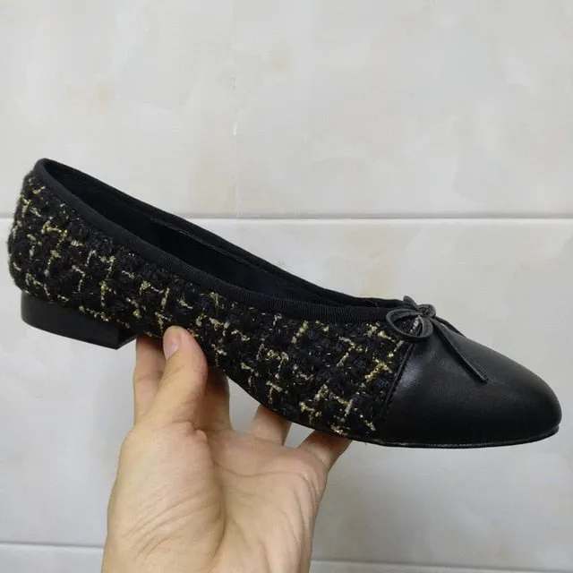 Shoes Woman Basic Pumps 2021 Two Color Splicing Classic Bow Ballet Work Shoe Large Size Tweed Low Heels Fashion Women Shoes Pump
