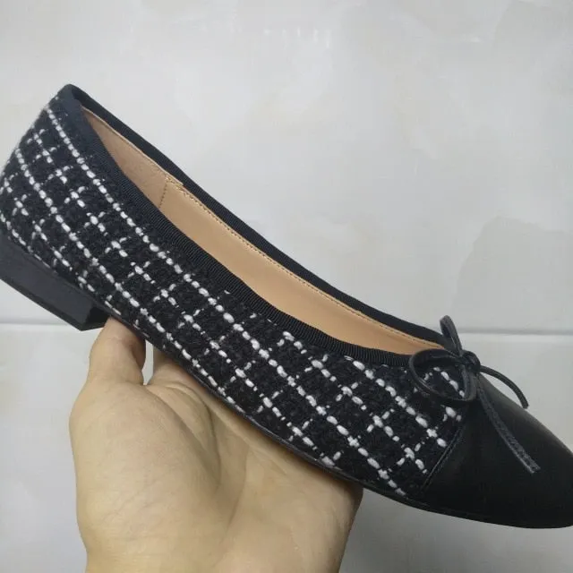 Shoes Woman Basic Pumps 2021 Two Color Splicing Classic Bow Ballet Work Shoe Large Size Tweed Low Heels Fashion Women Shoes Pump