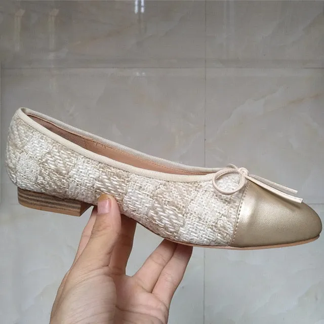 Shoes Woman Basic Pumps 2021 Two Color Splicing Classic Bow Ballet Work Shoe Large Size Tweed Low Heels Fashion Women Shoes Pump