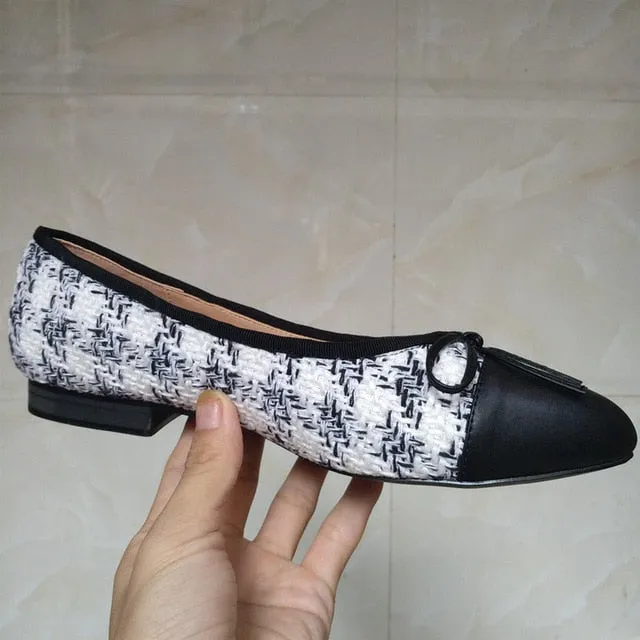 Shoes Woman Basic Pumps 2021 Two Color Splicing Classic Bow Ballet Work Shoe Large Size Tweed Low Heels Fashion Women Shoes Pump