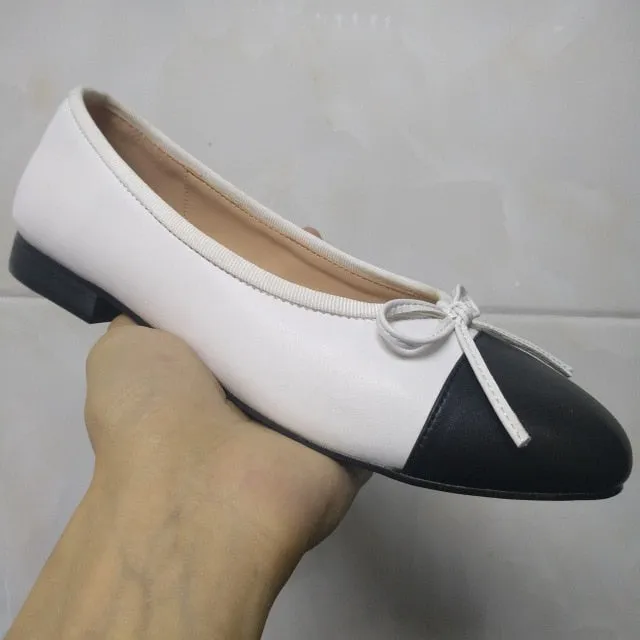 Shoes Woman Basic Pumps 2021 Two Color Splicing Classic Bow Ballet Work Shoe Large Size Tweed Low Heels Fashion Women Shoes Pump