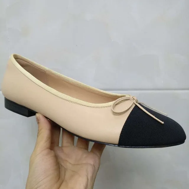 Shoes Woman Basic Pumps 2021 Two Color Splicing Classic Bow Ballet Work Shoe Large Size Tweed Low Heels Fashion Women Shoes Pump