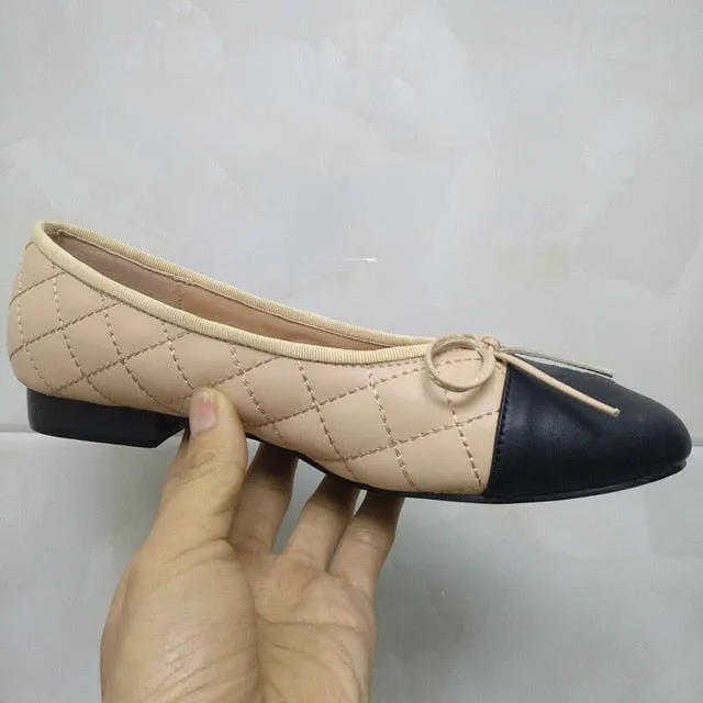 Shoes Woman Basic Pumps 2021 Two Color Splicing Classic Bow Ballet Work Shoe Large Size Tweed Low Heels Fashion Women Shoes Pump