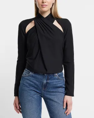 Twist Neck Cutout Long Sleeve Open Back Top in Pitch Black