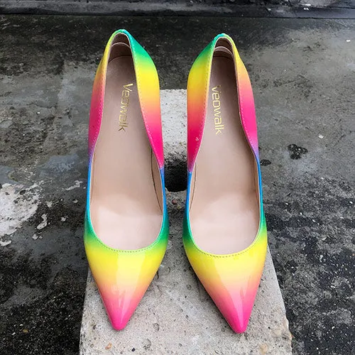 Veowalk Rainbow Colorful Patent Leather Women Sexy Stiletto Extemely High Heels, Ladies Fashion Pointed Toe Pumps Party Shoes