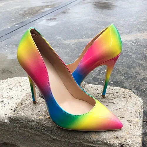 Veowalk Rainbow Colorful Patent Leather Women Sexy Stiletto Extemely High Heels, Ladies Fashion Pointed Toe Pumps Party Shoes