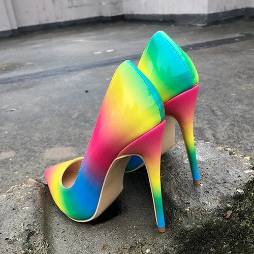 Veowalk Rainbow Colorful Patent Leather Women Sexy Stiletto Extemely High Heels, Ladies Fashion Pointed Toe Pumps Party Shoes