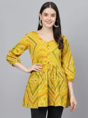 Women Mustard Bandhani Printed Cotton Peplum Top